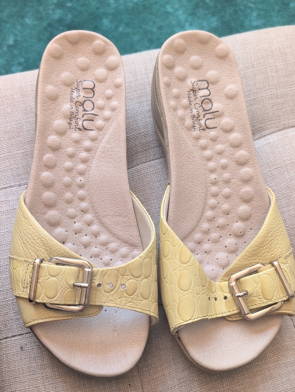 Malu Yellow Buckle Slide Sandals with Croc-Embossed Strap